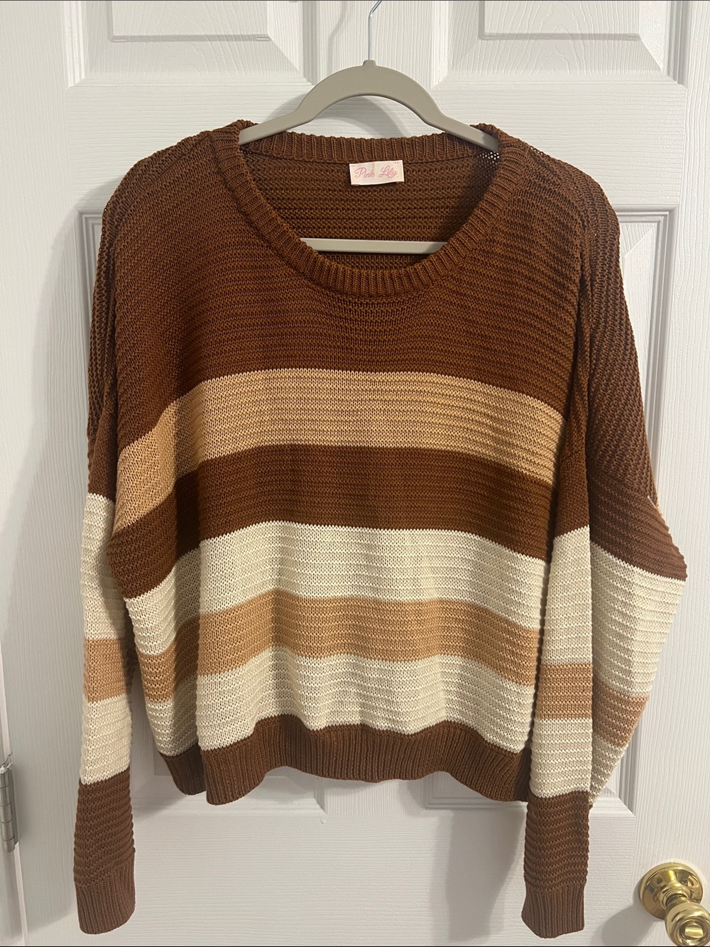 Pink Lily Brown, Cream & Tan Striped Crewneck Sweater